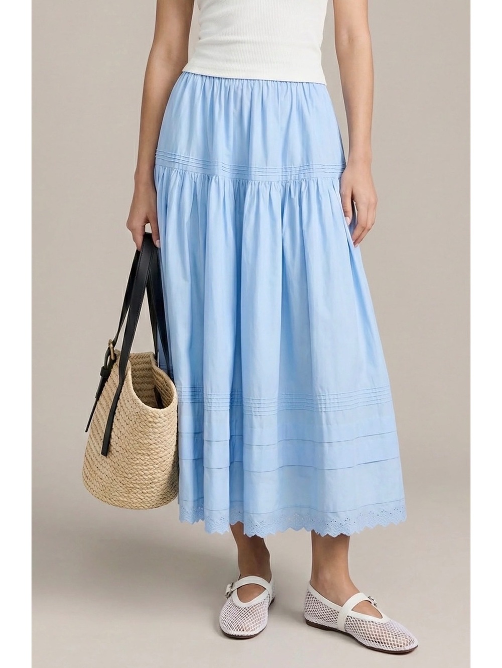 o.p.t by Few Moda Beth Cotton Floaty Maxi Skirt Lace Trim Size 6 Light Blue - Picture 8 of 9